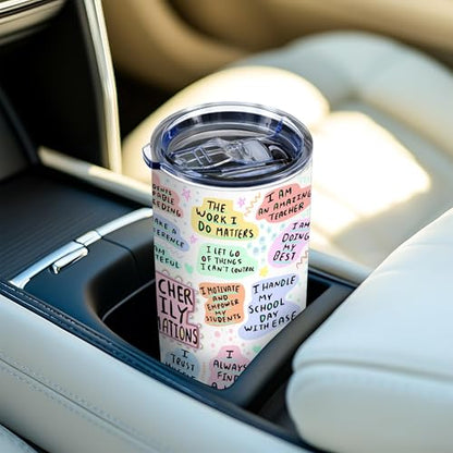 20oz Teacher Daily Positive Insulated Stainless Steel Tumbler with Lid | Double Wall Insulated Mug, Inspirational Design, Gift for Teachers from Students, Fits Appreciation Birthday Christmas - color: 1 Count (Pack of 1)-Teacher Daily Affirmation