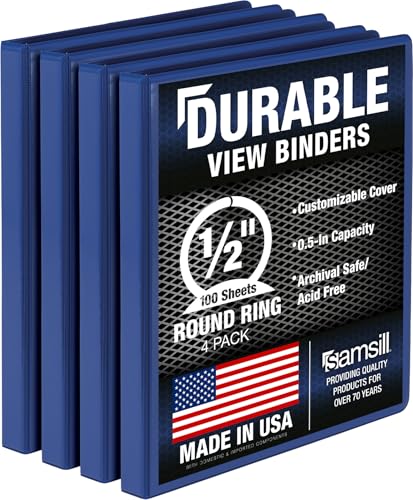 Samsill 4 Pack Durable 0.5 Inch 3 Ring Binders, Round Ring, Clear View Cover for Presentations, Blue - color: Blue, size: 0.5-Inch