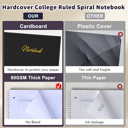 Spiral Notebook College Ruled Paper 8" x 10-1/2", 1 Subject Spiral Notebook 80GSM Paper, 3-Hole Punched Perforated Pages Ideal for School, Office, Writing, 75 Sheets Lined Journaling Notebook, Black - color: Black