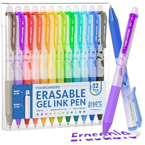 Four Candies Erasable Gel Pens, 0.7 mm Fine Point Pens, 12 Assorted Colors | Make Mistakes Disappear, Erasable Pens Multicolor, Retractable Erasable Pens for School, Journaling & Office Writing - color: 12 Colors
