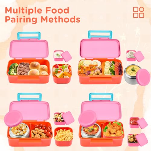 JXXM Bento Lunch Box for Kids With 8oz Thermo, Leakproof Bento Box with with 2 Compartments, Insulated Bottle, Lunch Bag, BPA Free Dishwasher Safe for School Girls Boys (Pink) - color: Pink 01
