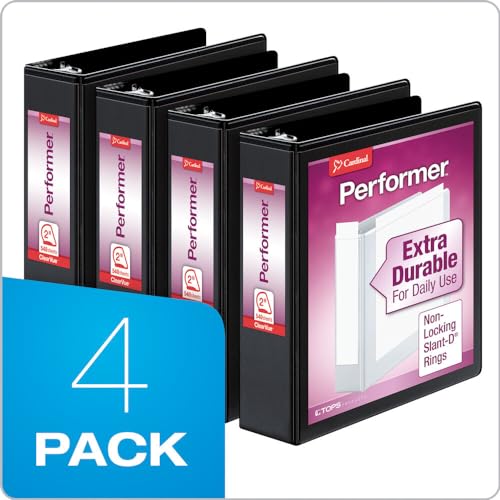 Cardinal Performer 3-Ring Binders, 2", Non-Locking Slant-D Rings, 540-Sheet Capacity, ClearVue Presentation, Non-stick, PVC-Free, Black, 4-Pack (27501) - size: 2-Inch