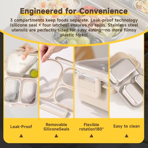 Stainless Steel Bento Lunch Box Set with Spoon, Fork & Insulated Lunch Bag, 25oz Leakproof Bento Box for Adults & Kids, Ideal for School, Home, Office, Picnic & Healthy meal prep containers (Beige) - color: Beige