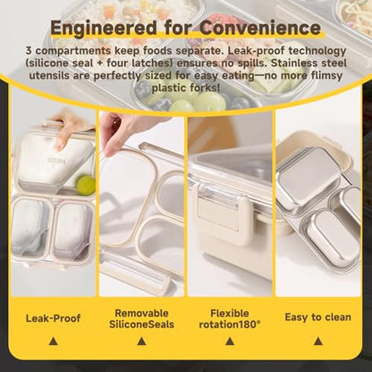 Stainless Steel Bento Lunch Box Set with Spoon, Fork & Insulated Lunch Bag, 25oz Leakproof Bento Box for Adults & Kids, Ideal for School, Home, Office, Picnic & Healthy meal prep containers (Beige) - color: Beige