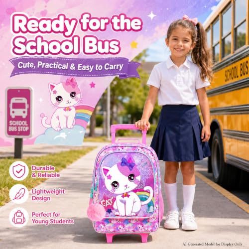 gxtvo Girls Rolling Backpack, Cute Cat Roller Wheels Kids Bookbag - Wheeled Elementary School Bag - 3PCS Cat - color: Uv Printing White Cat Rolling Backpack