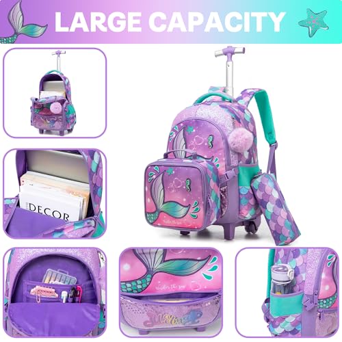 Meetbelify Mermaid Rolling Backpack for Girls Backpacks with Wheels for Elementary School Students Kids 3 in 1 Travel Luggage Suitcase with Lunch Box Pencil Case for Girls Age 8-10 - color: Mermaid 01