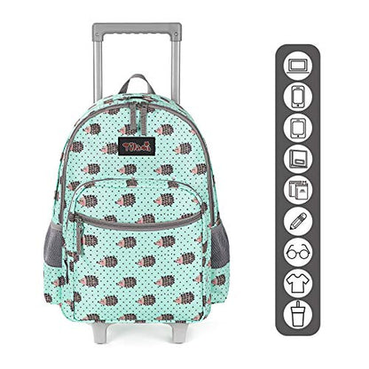 Tilami Rolling Backpack 18 inch Double Handle Wheeled Laptop Boys Girls Travel School Children Luggage Toddler Trip, Hedgehog - color: Hedgehog Green