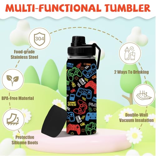 Gamer Gifts for Boys Kids - 18oz Gaming Water Bottle Stainless Steel, Insulated Straw Lid Leak Proof, BPA Free Metal Thermos for Teen Boys Girls, Video Game Party Favors Travel School（Game2） - color: Game2