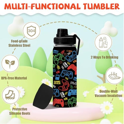 Gamer Gifts for Boys Kids - 18oz Gaming Water Bottle Stainless Steel, Insulated Straw Lid Leak Proof, BPA Free Metal Thermos for Teen Boys Girls, Video Game Party Favors Travel School（Game2） - color: Game2