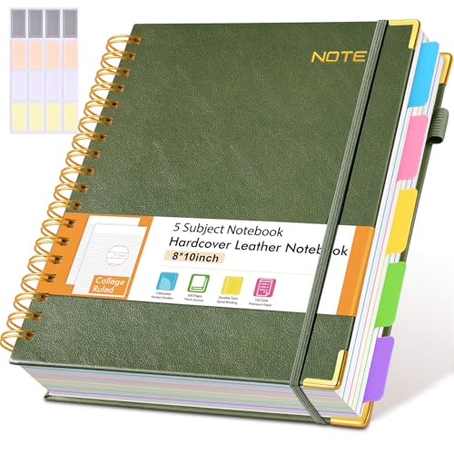 Hardcover Large Spiral Notebook journal with Removable Dividers Tabs, 300 pages Leather 5 Subject Notebook College Ruled, 8" x 10"Journal for Women Men, Notebooks for Work School Note taking,B5 Green - color: Green, size: B5（8" x 10"）