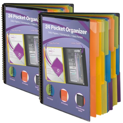 Binditek 2 Pack 24 Pocket Poly Project Organizer with 12 Dividers, Heavyduty Folder with Customizable Front Cover, Metal Wire Binding Spine, Extra Zipper Pouch, Letter Size, Office School Supplies - color: 24 Pockets, style: 2 Pack
