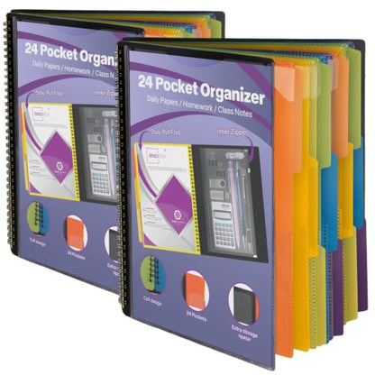 Binditek 2 Pack 24 Pocket Poly Project Organizer with 12 Dividers, Heavyduty Folder with Customizable Front Cover, Metal Wire Binding Spine, Extra Zipper Pouch, Letter Size, Office School Supplies - color: 24 Pockets, style: 2 Pack