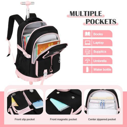 DIGOBAY Rolling Backpack for Girls, Girls Roller Backpack with Lunch Bag and Pencil Case, School Bookbag with Wheels for Elementary Middle High School Travel, Black Pink - color: Black and Pink