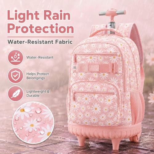 gxtvo Girls Rolling Backpack, Women Roller Bookbag with Lunch Box for Adults, Water Resistant Wheeled School Bag for College Teens Kids Travel - Pink Flower