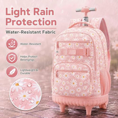 gxtvo Girls Rolling Backpack, Women Roller Bookbag with Lunch Box for Adults, Water Resistant Wheeled School Bag for College Teens Kids Travel - Pink Flower