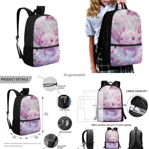 Cherry Blossom Axolotl Backpack for Girls Kids Backpack with Lunch Box Water Bottle Carrier and Aesthetic Pencil Case 4PCS Set Cute Bookbag with Front Pocket for School 17" Large School Bag - color: Aesthetic Cherry Blossom Axolotl