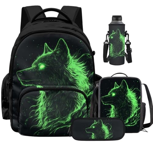 Green Galaxy Wolf Backpack for Girls Boys Backpack with Lunch Box for Boys Set of 4 School Backpacks Matching Combo Back to School Gifts and Pencil Case Pouch for Teens Children Ages 6-12 - color: Cool Green Galaxy Wolf