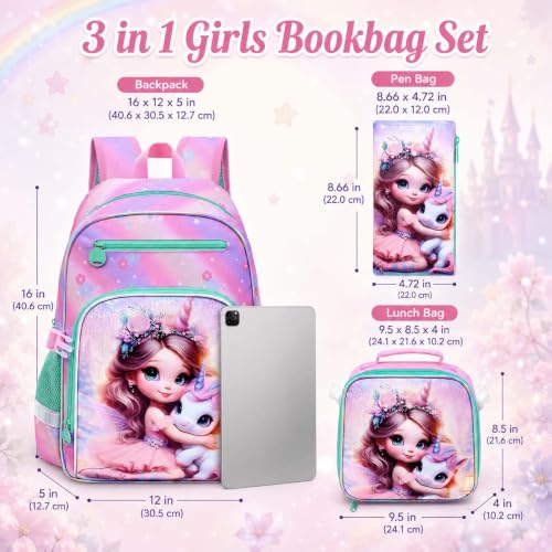 gxtvo 3PCS Girls Backpack, 16" Sequin Prechool Elementary Bookbag and Lunch Box - color: New Uv Printing Fairy Unicorn Clip-on Backpack