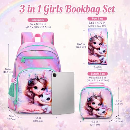 gxtvo 3PCS Girls Backpack, 16" Sequin Prechool Elementary Bookbag and Lunch Box - color: New Uv Printing Fairy Unicorn Clip-on Backpack