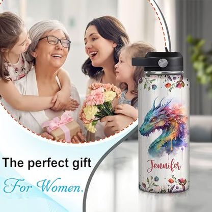 Hyturtle Personalized Dragon Water Bottle - Travel Insulated Stainless Steel Bottle with Leak-Proof Lid 18oz 32oz - Fantasy Gift for Women Girls Dragon Lovers - Birthday & Christmas Gift - color: Dragon