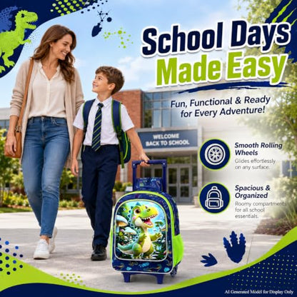 CCJPX 18" Dinosaur Rolling Backpack for Boys, 3Pcs Kids Wheeled Bookbag with Lunch Box, Lightweight Roller School Bag for Elementary Preschool(Green) - color: Green Dinosaur02