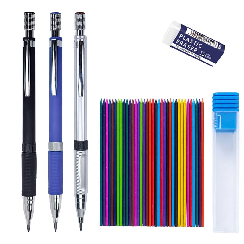3PCS Mechanical Pencil Set 2.0mm 2B Refillable Auto Pencils Built-in Sharpener 1 Box (36 Color Leads) 1 Eraser Smooth Writing & Drawing Tools for Artists, Office & School Supplies Sketching Drawing