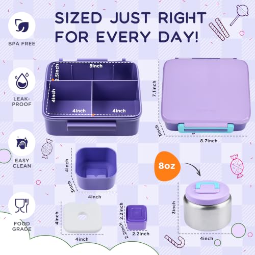 Bento Lunch Box for Kids with 8oz Soup Thermo Leak-Proof Lunch Food Containers with Snack Sauce Container for Kid Girls Boys to School,Purple Bag - color: Purple Bag