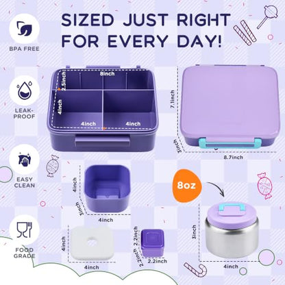 Bento Lunch Box for Kids with 8oz Soup Thermo Leak-Proof Lunch Food Containers with Snack Sauce Container for Kid Girls Boys to School,Purple Bag - color: Purple Bag