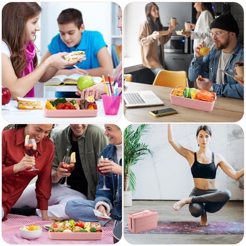 35Pcs Bento Box Japanese Lunch Box Kit Leakproof Lunchbox, Pink | Wheat straw 3 layer stackable lunch container with compartments and lunch bag for kids adults teens meal prep school office - color: Pink, size: 35Pcs