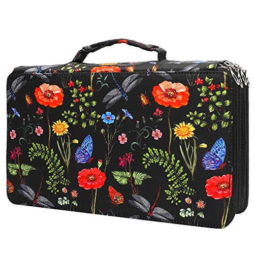 Vomgomfom 300 Slots Marker Bag, 4-Layer Zipper Portable Art Supply Organizer, PU Leather Large Capacity Marker Case Holds 100 Markers or 300 Colored Pencils with Handle(Black) - color: J Pattern Black, size: 300 Slots