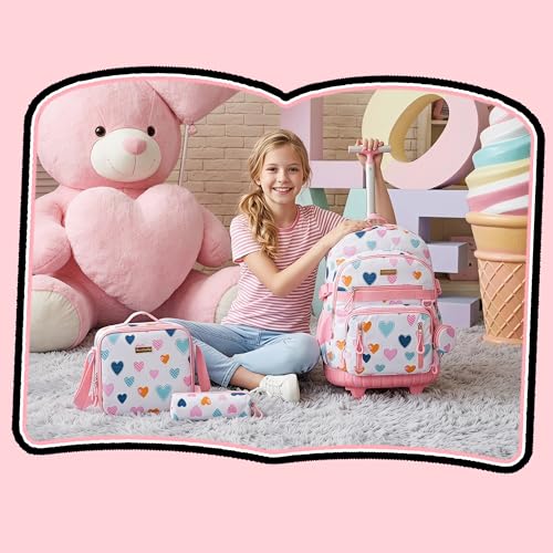 Rolling Backpacks for Kids Backpack for Girls with Lunch Bag Pencil Case 16.5" Kids Backpack with Wheels Roller Backpacks for Girls - color: Baiseaixin