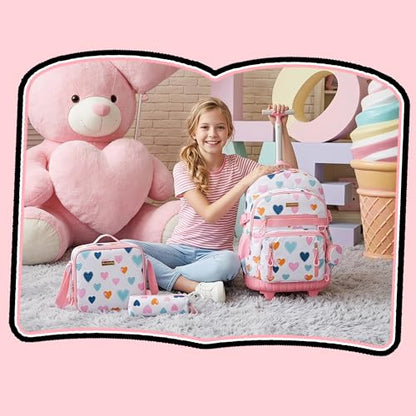 Rolling Backpacks for Kids Backpack for Girls with Lunch Bag Pencil Case 16.5" Kids Backpack with Wheels Roller Backpacks for Girls - color: Baiseaixin