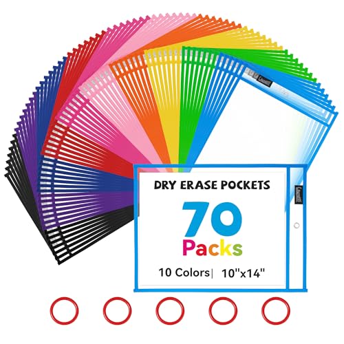 GAMENOTE 70팩 드라이 지우개 포켓, 25.4x35.6cm(10x14인치) 재사용 가능한 슬리브, 10가지 색상 | 70개의 재사용 가능한 PVC 포켓에는 21.6 x 27.9cm(8.5 x 11인치) 및 22.9 x 30.5cm(9 x 12인치) 시트를 담을 수 있습니다. 양면 - color: 다양한 색상, size: 70 Pack