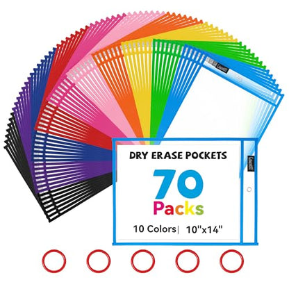 GAMENOTE 70팩 드라이 지우개 포켓, 25.4x35.6cm(10x14인치) 재사용 가능한 슬리브, 10가지 색상 | 70개의 재사용 가능한 PVC 포켓에는 21.6 x 27.9cm(8.5 x 11인치) 및 22.9 x 30.5cm(9 x 12인치) 시트를 담을 수 있습니다. 양면 - color: 다양한 색상, size: 70 Pack