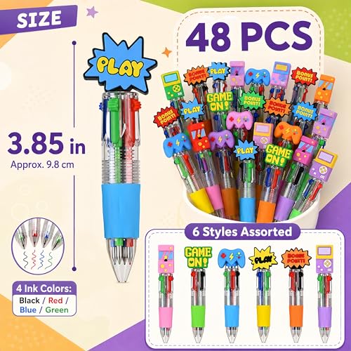 Oneshow 48 Pack Video Game Party Favors Pens Mini 4-in-1 Ballpoint Pens | Game Themed Multicolor Pen with 6 Fun Topper Styles, Gaming Pens Bulk for Classroom Prizes Goodie Bag Stuffers Birthday Gifts - style: Game-48PCS