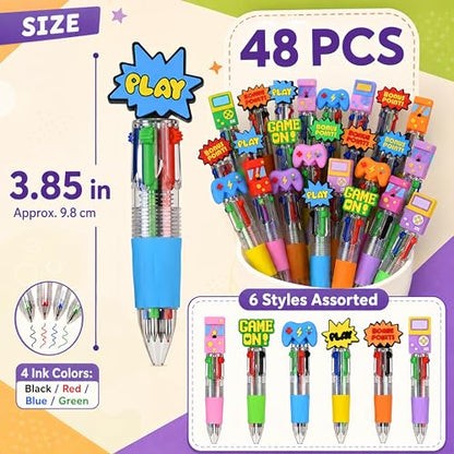 Oneshow 48 Pack Video Game Party Favors Pens Mini 4-in-1 Ballpoint Pens | Game Themed Multicolor Pen with 6 Fun Topper Styles, Gaming Pens Bulk for Classroom Prizes Goodie Bag Stuffers Birthday Gifts - style: Game-48PCS