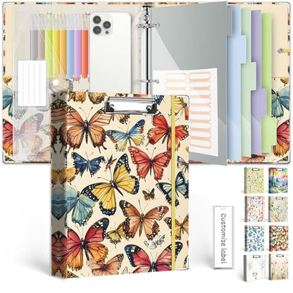 3 Ring 1 Inch Binder Organizer, KLLVE Three Ring Binders with Clipboard, 5-Tabs Pockets Dividers, Plastic Folder, 18 Divider Stikers,Pen Loop (Butterfly, Letter Size) - color: Butterfly, size: 1in（Letter Size）
