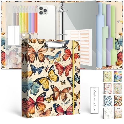 3 Ring 1 Inch Binder Organizer, KLLVE Three Ring Binders with Clipboard, 5-Tabs Pockets Dividers, Plastic Folder, 18 Divider Stikers,Pen Loop (Butterfly, Letter Size) - color: Butterfly, size: 1in（Letter Size）