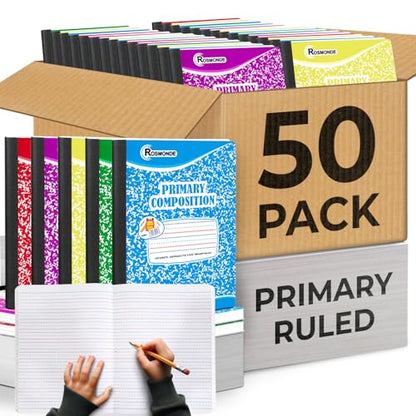 Rosmonde 50 Pack Bulk Primary Composition Notebooks, 200 Pages (100 Sheets), 9-3/4" x 7-1/2", Grades K-2, Primary Ruled Composition Notebook, Bulk Writing Journal, Hardcover, Assorted Marble - size: Full Box | Bulk Value Pack, style: Assorted - Writing