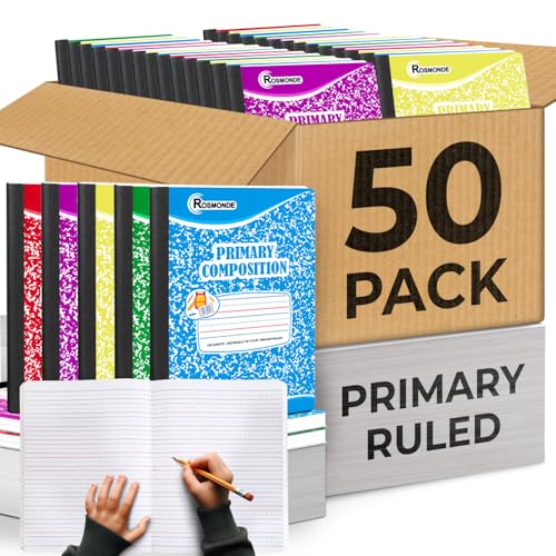 Rosmonde 50 Pack Bulk Primary Composition Notebooks, 200 Pages (100 Sheets), 9-3/4" x 7-1/2", Grades K-2, Primary Ruled Composition Notebook, Bulk Writing Journal, Hardcover, Assorted Marble - size: Full Box | Bulk Value Pack, style: Assorted - Writing