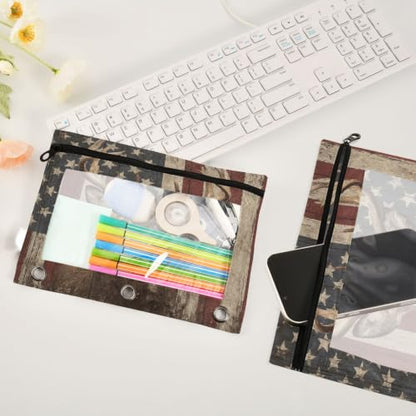 Kcldeci Pencil Pouch for 3 Ring Binder, Deer American Flag 2 Pack Binder Pencil Pouch with Clear Window Pencil Bags with Zipper Pencil Case for binder - color: A09