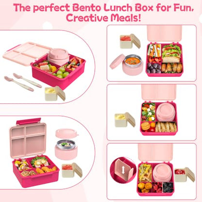 Aimsnk Lunch Box Kids with Thermo Insulated Lunch Bag for School, Pink | Bento Lunch Box for Kids with 8oz Food Jar, Leak Proof Hot Lunch Containers with 4 Compartment, Warm Lunchbox for Toddler - color: Pink