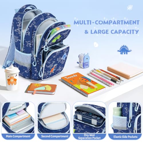 Kids Backpack for Boys 4-8, Cute 3D Embroidered Dinosaur Toddler Backpack with 34oz Lunch Box, Insulated Bag, Pen Case & Utensils, School Bookbag for Preschool Kindergarten Elementary Student - color: Dinosaur