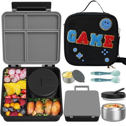 Aimsnk Kids Lunch Box with Thermo Insulated Lunch Bag for School, Black | Kids Bento Lunch Box with 8oz Food Jar, Leak Proof Hot Soup Lunch Containers with 4 Compartment, Warm Lunchbox for Toddler - color: Black