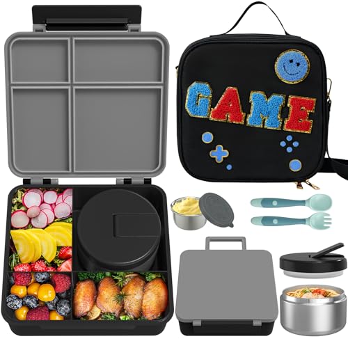 Aimsnk Kids Lunch Box with Thermo Insulated Lunch Bag for School, Black | Kids Bento Lunch Box with 8oz Food Jar, Leak Proof Hot Soup Lunch Containers with 4 Compartment, Warm Lunchbox for Toddler - color: Black