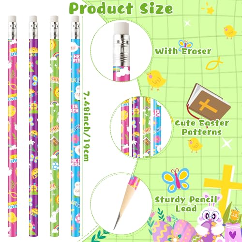 Xqumoi 60Pcs Easter Religious Pencils with Eraser - He is Risen Christian #2 HB Pencils, Sunday School Classroom Student Rewards Office Supply Holiday Gift Goodie Bag Fillers Stuffers Party Favors - style: Easter Religious