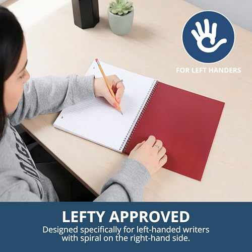 ROARING SPRING Lefty Spiral Notebook, Left-Handed One Subject Notebook, 11" x 9", 100 Sheets, College-Ruled, Perforated, Assorted Saranac Covers, Made in USA