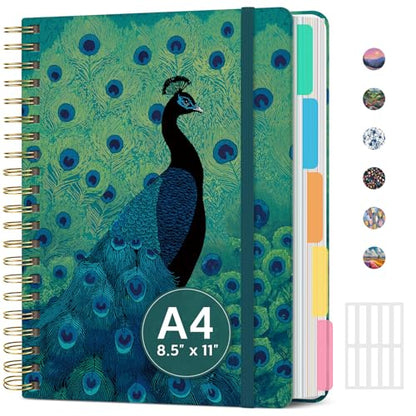 Large Spiral Lined Notebook for Work with Dividers & Tabs, 8.5"x11" Hardcover 5 Subject Notebook, College Ruled, 280 Pages, Emerald Peacock - color: O - Emerald Peacock