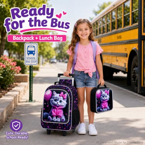 WZLVO 3PCS Wheeled Backpack, 18" Sparkling Cat Print Girls Rolling Backpack, Includes Matching Lunch Bag & Pencil Bag - Cat in Pink Dress (Purple) - color: 3PCS Girls Rolling Backpack - Cat in Pink Dress