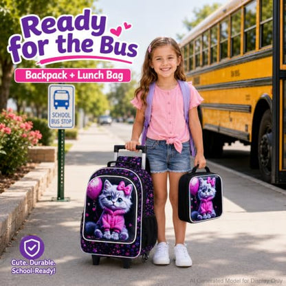 WZLVO 3PCS Wheeled Backpack, 18" Sparkling Cat Print Girls Rolling Backpack, Includes Matching Lunch Bag & Pencil Bag - Cat in Pink Dress (Purple) - color: 3PCS Girls Rolling Backpack - Cat in Pink Dress